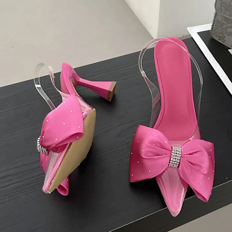 Futurecen Fashion Butterfly-knot Pointed Toe Women Pumps PVC Transparent High Heels Sandals Wedding Banquet Female Mules Shoes