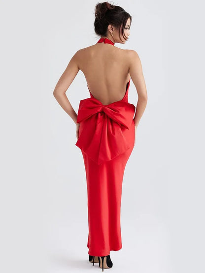 Elegant Red Satin 3D Bow Backless Maxi Dress For Women Off Shoulder Sleeveless Halter Dresses Winter Female Party Club Sexy Robe