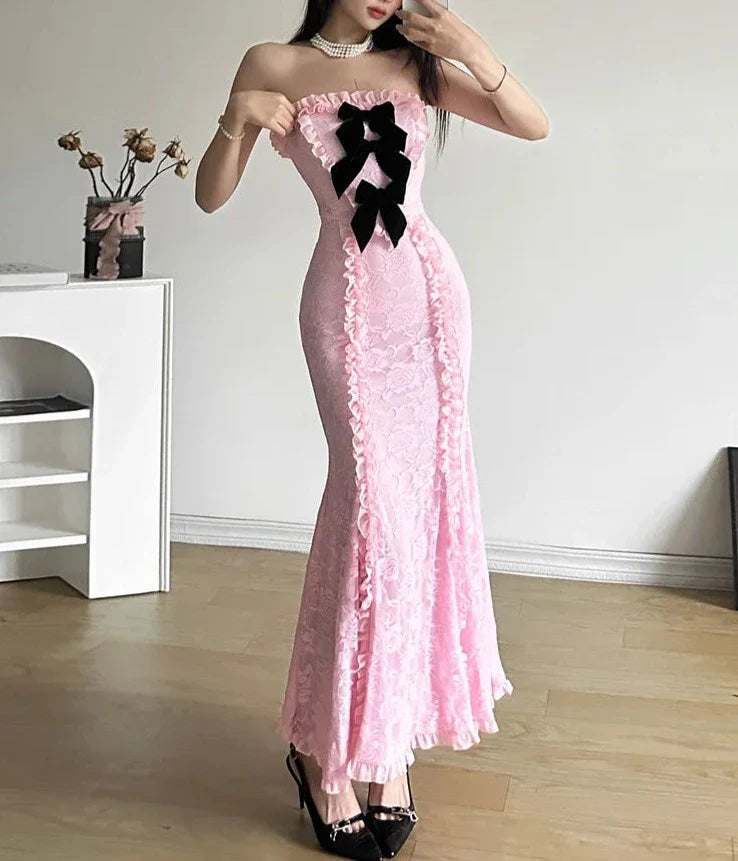 Winter Bachelor Party Formal Pink Sweet Tight Sexy Mature Beautiful Confident Women'S Long Pleated Chest Wrap Dress