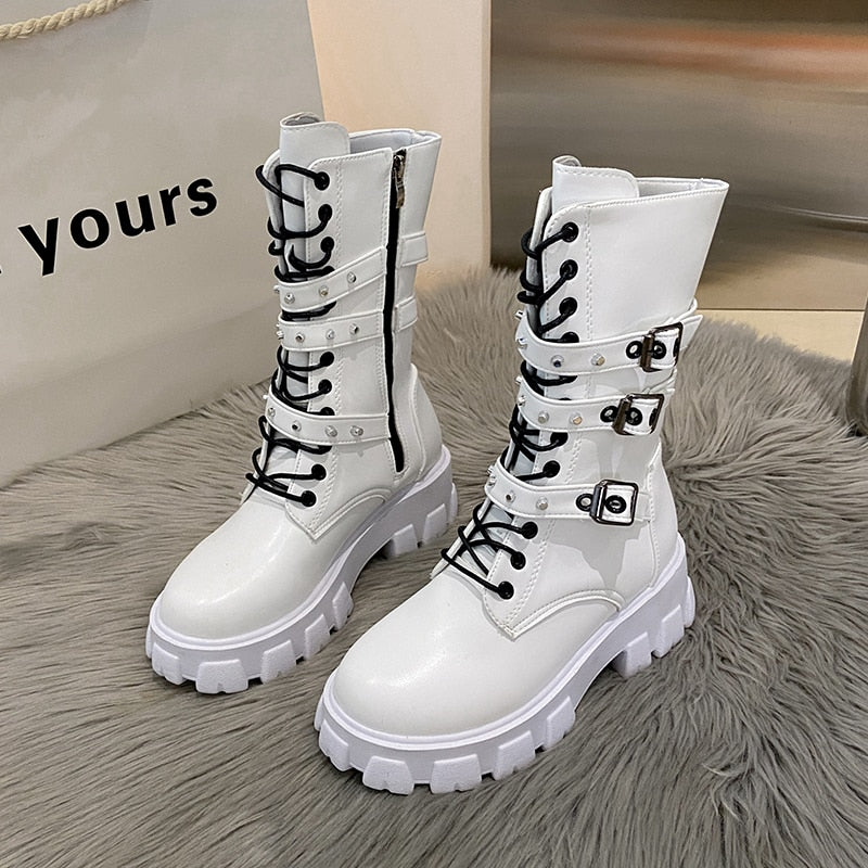 Goth Boots Woman Winter WOMEN ANKLE BOOTS Platform Shoes Sneakers Studded Belt Buckle Punk Army Chunky Heels Mid Calf Boots