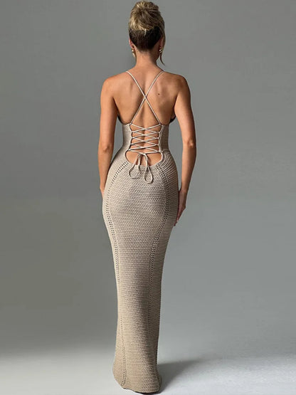 Hollow Out Backless Knit Dress For Women Spaghetti Strap Bandage Sleeveless Bodycon Club Party Sexy Long Dress Elegant