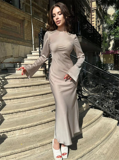 binfenxie Satin Fashion Slim Maxi Dress For Women Long Sleeve High Waist Elegant Solid Party Dress Casual Luxury Ladies Autumn Dress