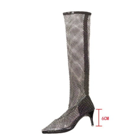 Women Hollow Out Full Sandals Full Rhinestone Mesh Summer Boots Women Thigh High Over The Knee Sandals Transparentes Size 43