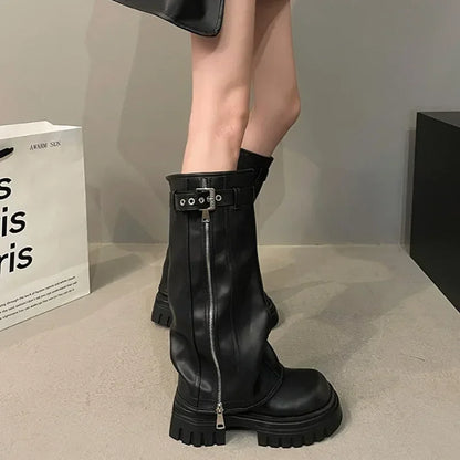 Winter Women Biker Boots Fashion Belt Buckle Ladies Elegant Platform Long Pipe Booties Casual Women's Knee High Booties