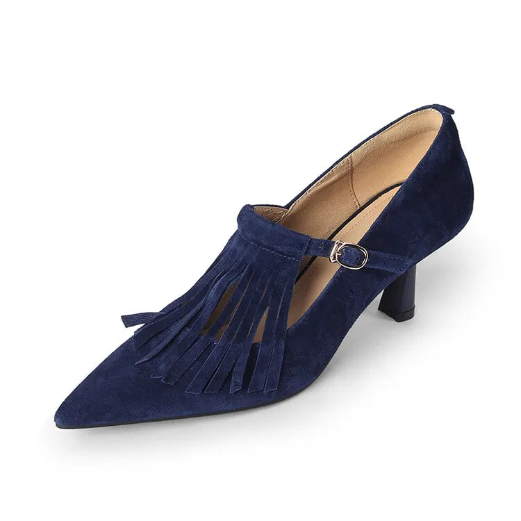 Of Chanmeb Women Sheep Suede Pumps Retro Tassel Fringe Navy Blue High Heels Shoes Buckle Pointy Toe Female Pump  New