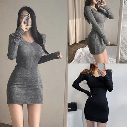 binfenxie Women Sweater Dress Knit Bodycon Dress V-Neck Long Sleeve Slim Sexy Dress Autumn Solid Color Casual Dresses Lady Mini Dresses