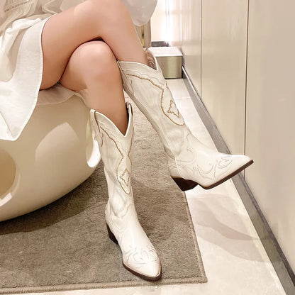 White Cowboy Boots for Women Embroidery Pointed Toe Mid Calf Botas Female Slip On Thick Heels Cowgirl Boots Woman 42