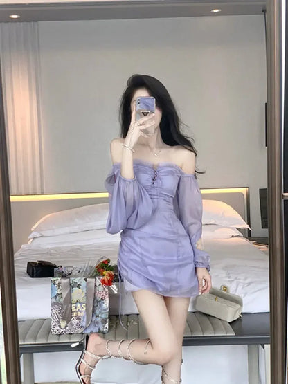 binfenxie Purple Fairy One Shoulder Dress Women New Summer Dress Waist Design Chiffon Ruffled Gauze Skirt Hip Skirt Women Clothing