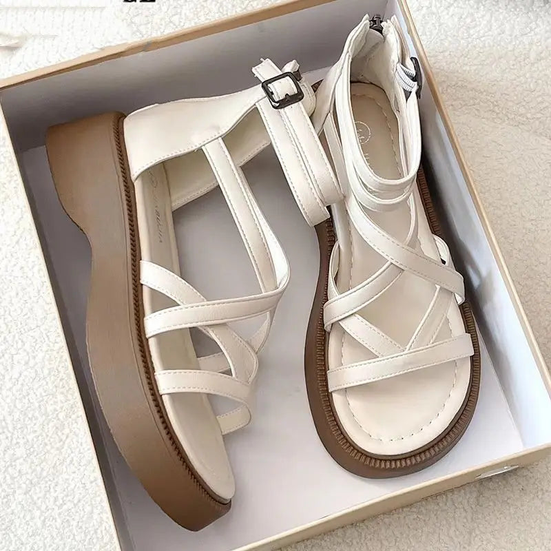 Women's Shoes Green Footwear with Medium Heels Summer Roman Style Sandals for Woman Platform Zip New Breathable Fashion H F