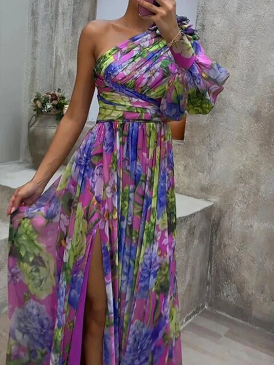 binfenxie  -   Purple Print Side Split One Sleeve Maxi Dress Sexy Hight Split Loose Hem One Shoulder Print Beach Party Dresses