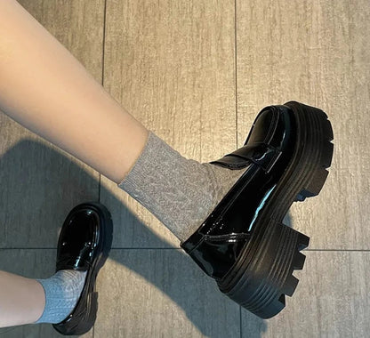 Chunky Loafers Shoes Spring Women Japanese Style Slip On Black Single Pumps Shoes Women Fashion Girls Thick Sole Heel