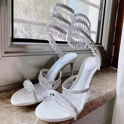 Rhinestone Snake Shape Ankle Strappy Sandals Fashion Sexy Women Party High Heel Open Toe Fringes Stiletto Heel Hollow Shoes