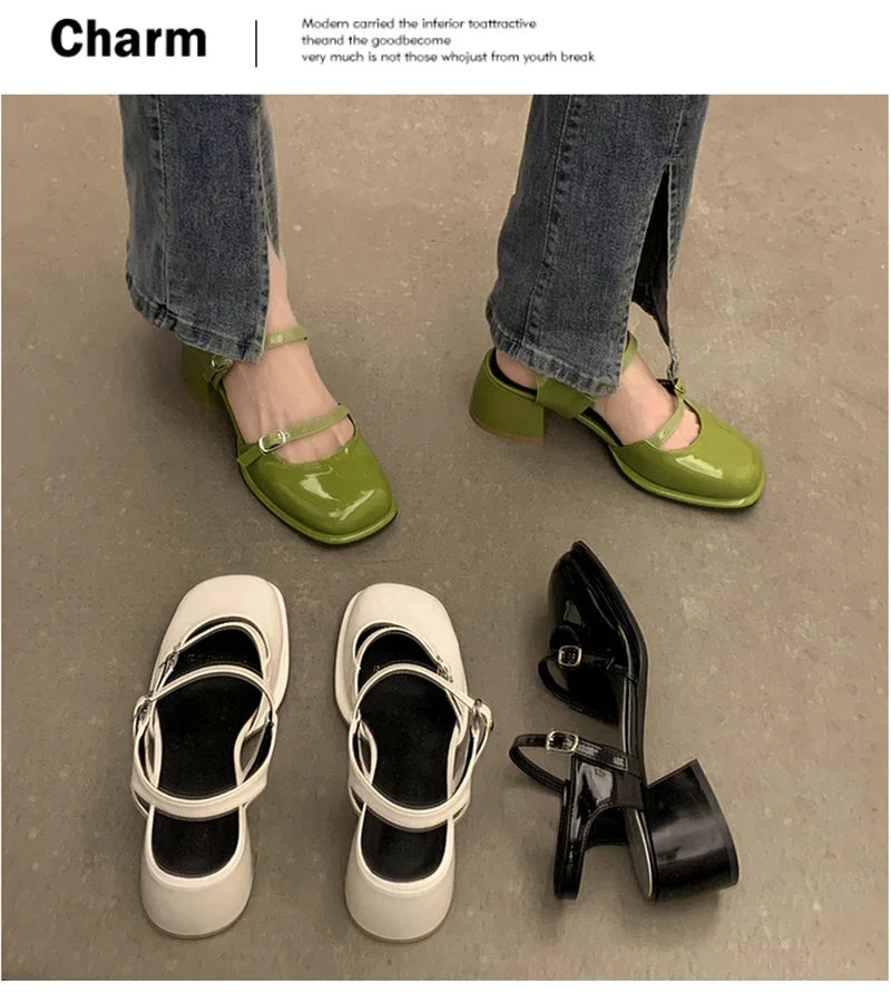 New Mary Jane Shoes Buckle Pumps Women Thick Heels Elegant Shallow Square Toe Footwear Fashion Outdoor Lady Shoes