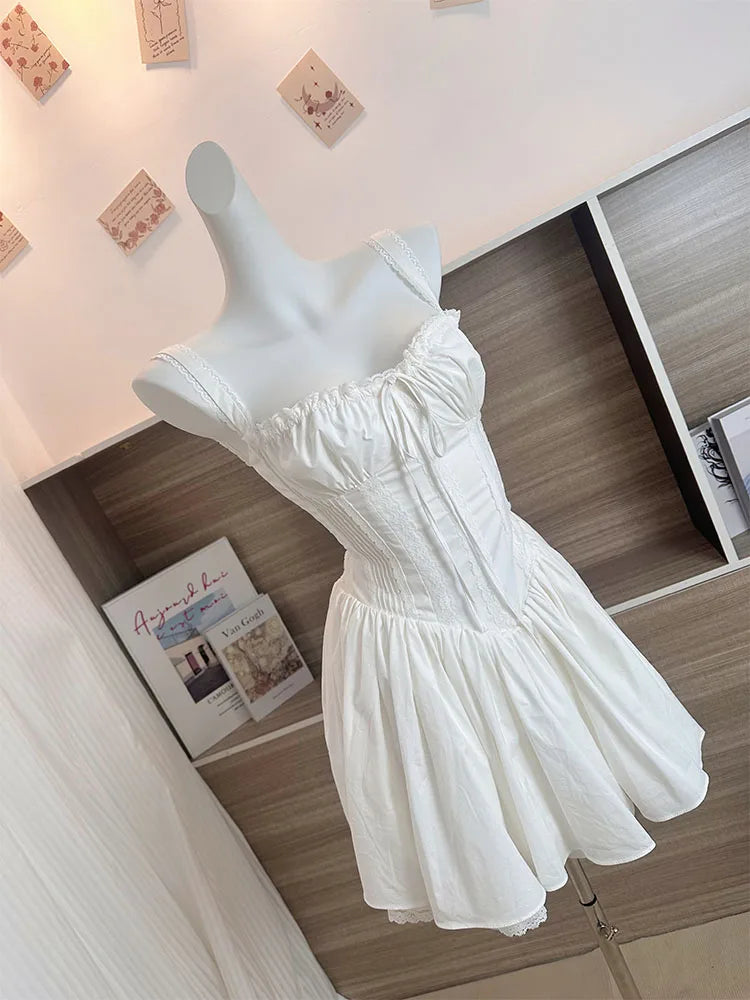 Summer Mori Girl Women Bow A-Line Dress Spaghetti Strap Solid Color Frocks Dress Square Neck Party Tunic Korean Preppy Evening