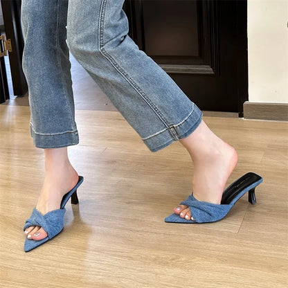 binfenxie Fashion Design Pleated Pointed Toe Women Slippers Elegant Thin Low Heels Summer Female Slide Shoes