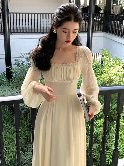 Vintage Puff Sleeve Square Neck French Fashion Evening Long Dresses for Women Elegant Summer  Bodycon Dress Beach Clothing