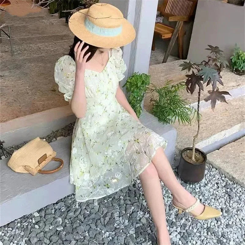 binfenxie Fairycore Floral Embroidery Dresses Female French Temperament Light Green Mini Dress Women Summer Sweet Fresh Puff Sleeve Dress