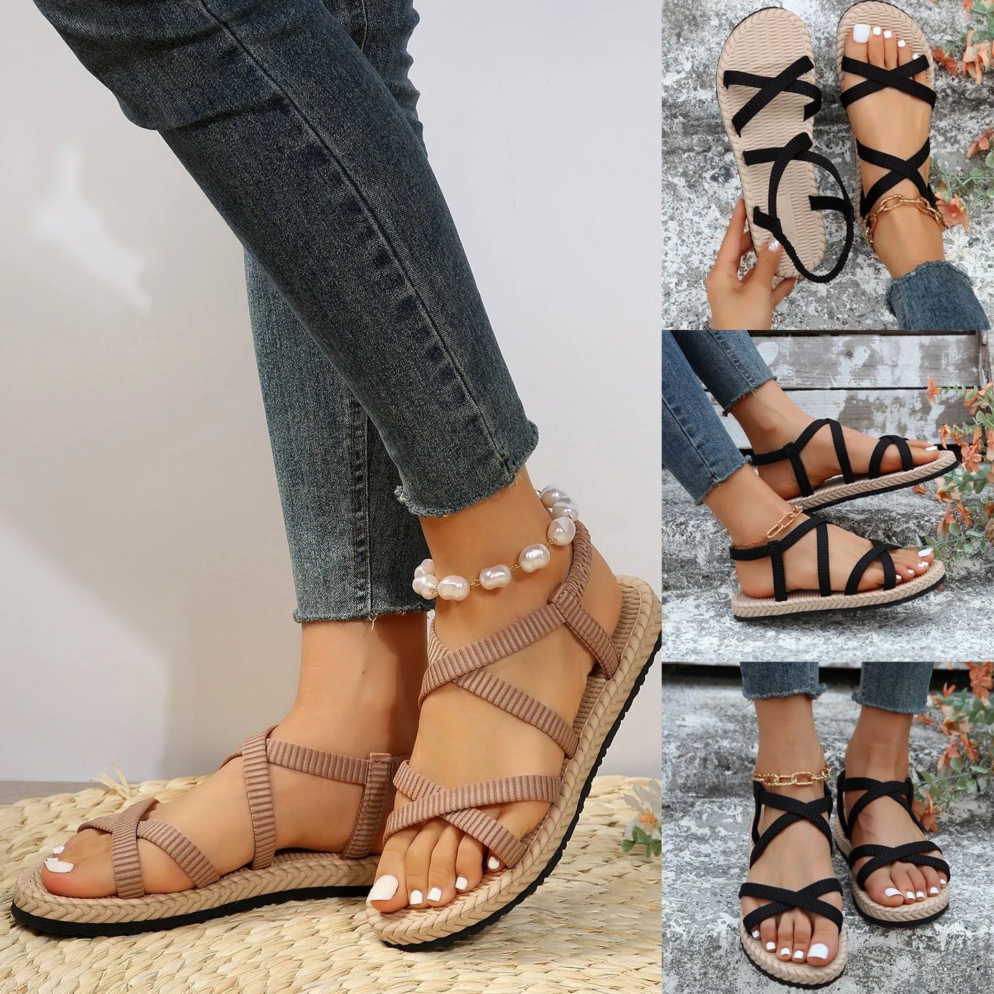 New Summer Rome Sandals Shoes Woman Cross Belt Sandals Flat Beach Sandalias Ladies Sandalia Feminina Open Toe Shoes