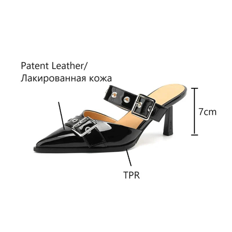 binfenxie NEW Summer Women Sandals Patent Leather Shoes for Women Cover Toe Thin Heel Slippers Belt Buckle Mules Ponited Toe Women Shoes