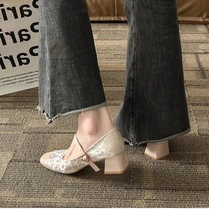 Futurecen Square Toe Women Mary Jane Shoes Fashion Elegant Shallow Buckle Thick Heel Shoes Ladies Casual Outdoor Dress Pumps