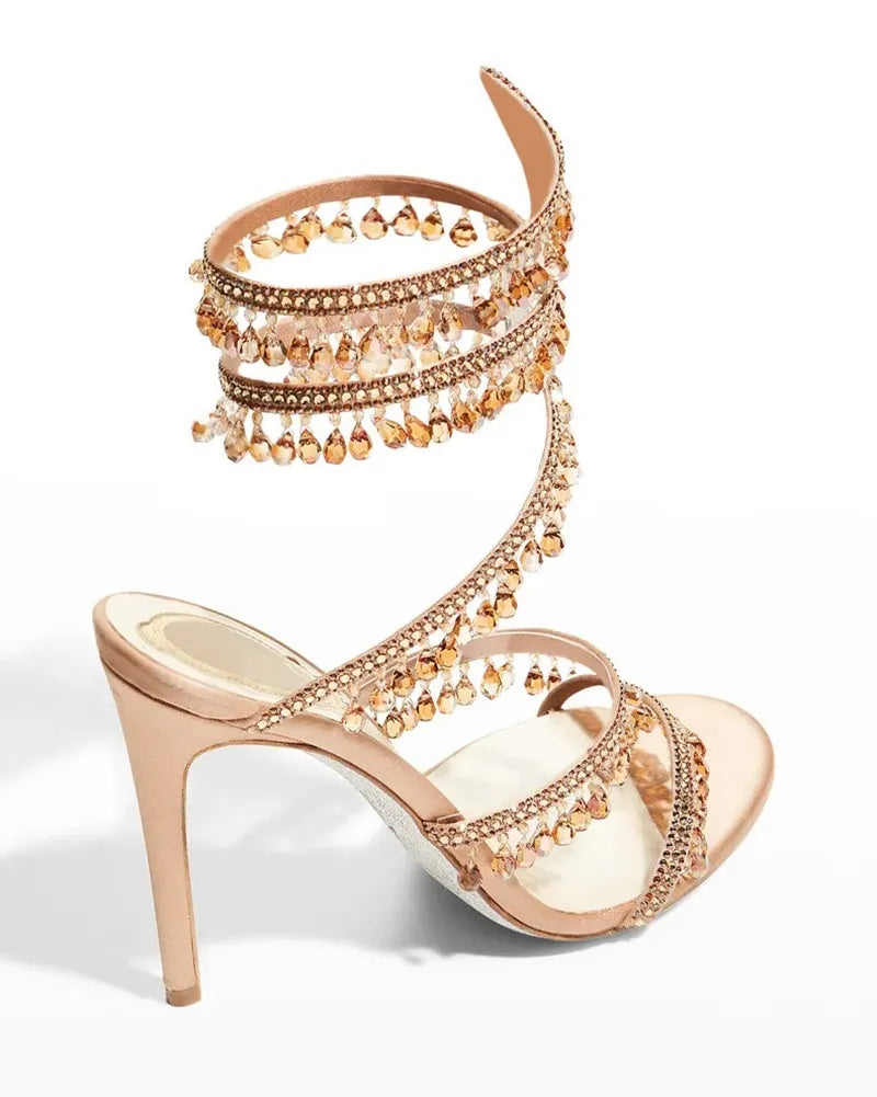 Rhinestone Snake Shape Ankle Strappy Sandals Fashion Sexy Women Party High Heel Open Toe Fringes Stiletto Heel Hollow Shoes