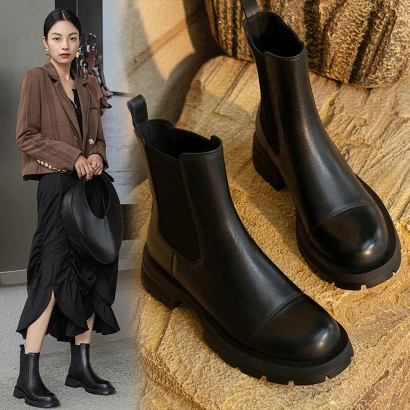 Winter Shoes Women Leather Ankle Boots Women Round Toe Thick Heel Platform Shoes Solid Chelsea Boots Casual Women Boots