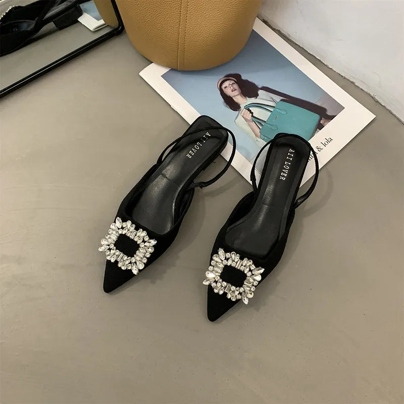 2023 New Summer Rhinestones Women Sandal Fashion Pointed Toe Shallow Slip On Ladies Elegant Slingback Shoes Casual Flats Heel