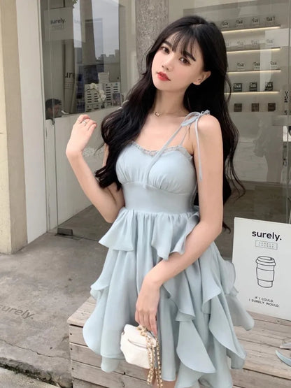 binfenxie Summer Women Sundress Suspenders Ruffles Fairy Dress Elegant Feminine Holiday Beach Romantic Dress traf robe платье