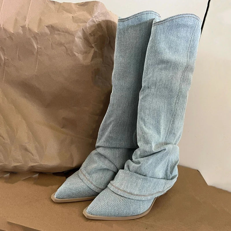 Pleats Blue Denim Thigh High Boots for Women Spring Thick Heeled Pointed Toe Cowboy Boots Woman Slip On Western Long Boots