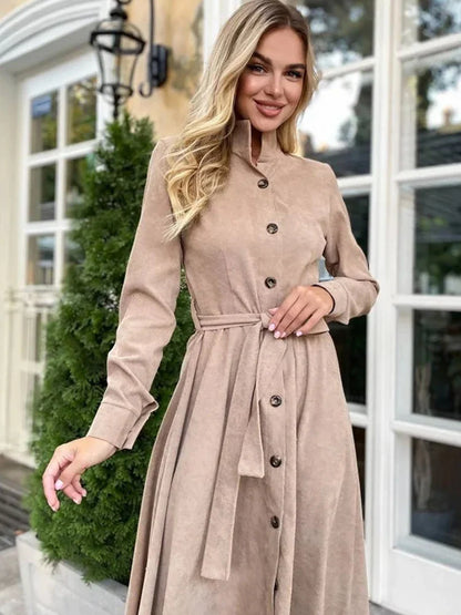 binfenxie  -   Long Sleeve Elegant Party Dresses Women Button Knee Length Lady Dresses Women Shirts A Line Dresses Autumn New