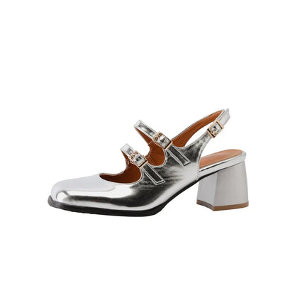 Plus Size 44 45 46 Black Silver Chunky High Heels Mary Jane Shoes Women Square Toe Double Buckle Pumps Slingback Ladies Sandals