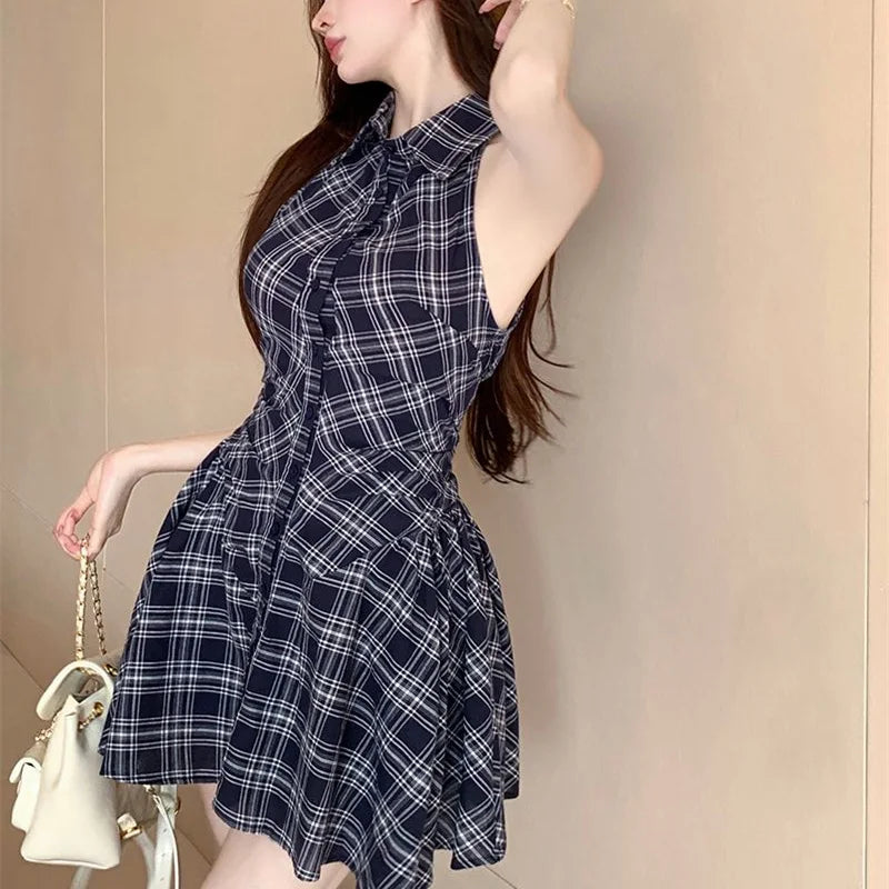 binfenxie Women Summer Plaid Sleeveless Mini Shirt Dress