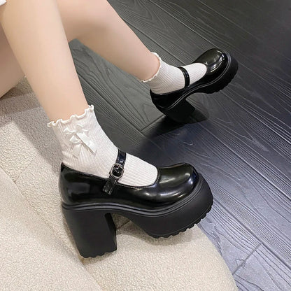 High Heels Platform Chunky Pumps Women Pu Leather Ankle Buckle Mary Jane Shoes Woman Thick Heeled Goth Lolita Shoes Female