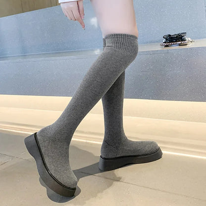 Autumn Winter Women Platform Over The Knee Boots Ladies Stretch Knitted Socks Long Boots Slip-On Thick Bottom Shoes Woman