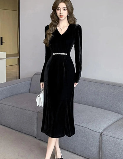 Elegant Black Velvet Mermaid Wedding Dress France V Neck Long Sleeve Slim Waist Party Prom Vestidos Autumn Winter Sexy Robe