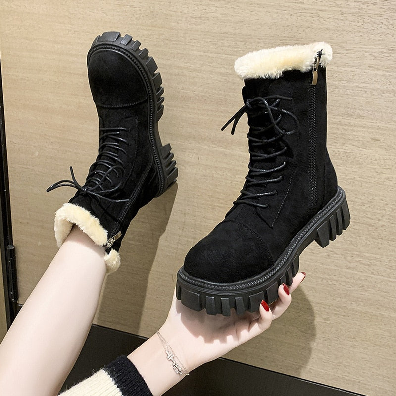 Winter Boots Lady Boots-Women Lace Up Australia Female Shoes Luxury Designer Round Toe Mid-Calf Snow Fashion Rubber Mid Cal