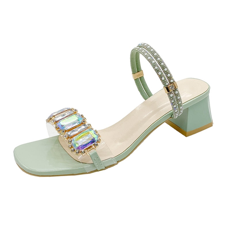 Fashion Rhinestone Sandals for Women Summer Square Heels Open Toe Slippers Woman Transparent PVC Jelly