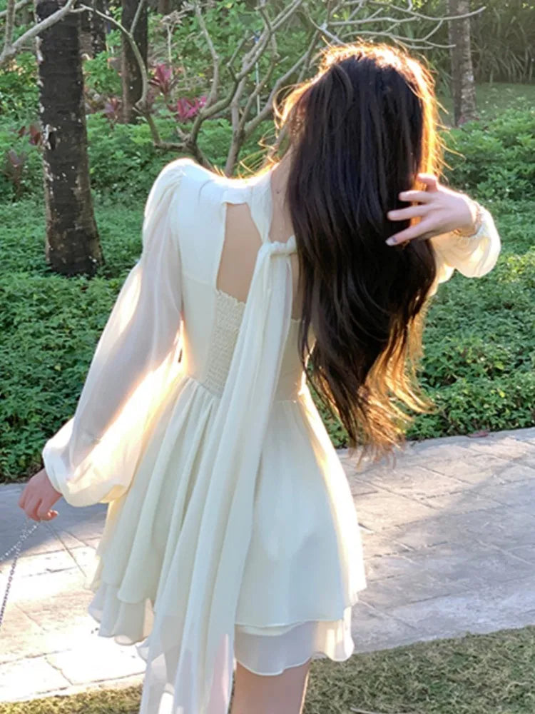 binfenxie French Elegant Slim Ruffle Dress Summer Women Graduation Evening Party Robe Female Bubble Sleeve Korean Chiffon Vestidos