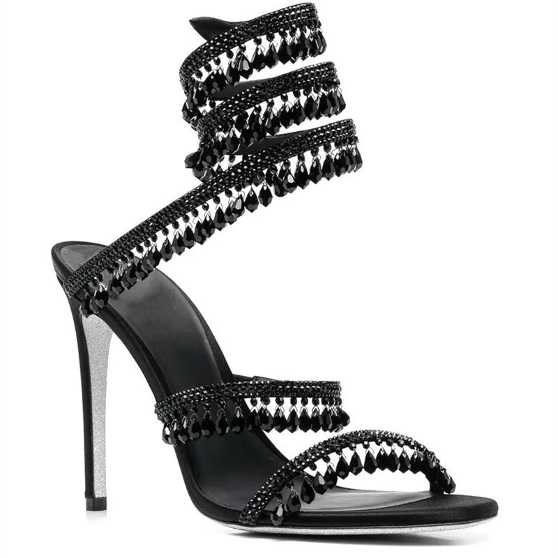 binfenxie Fashion Crystal Pendant Tassels Women Sandals Sexy Snake Coiled Stiletto High heels Gladiator sandals Summer Wedding Party Shoes