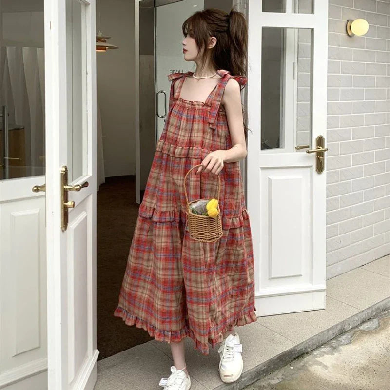 Vintage Plaid Dresses Women Ruffles Sweet French Style Bandage Loose Casual Girlish Summer New Ins Aesthetic Temperament Ulzzang