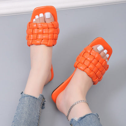 Weave Soft Slippers for Women Summer Orange PU Leather Beach Flip Flops Female Square Toe Flat Sandals Plus Size 43