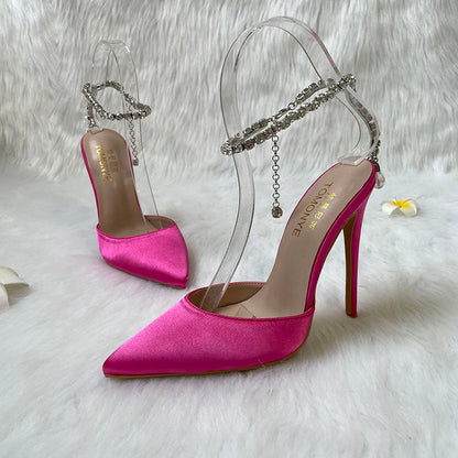 Spring and summer pointed silk satin diamond chain sandals thin high heels red soles banquet dress large and small women's shoes