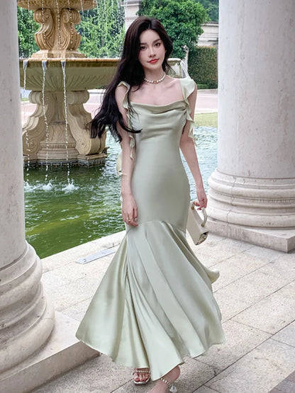 Elegant Fashion Sleeveless Satin Long Dresses for Women Summer New Beach Strap Ruffle Mermaid Evening Party Female Clothing