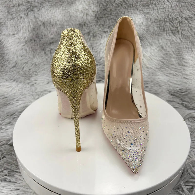 Futurecen Bling Gold Sequins Women Summer Gauze Rhinestones Pointed Toe Stiletto Pumps for Wedding Elegant Bridal High Heel Shoes