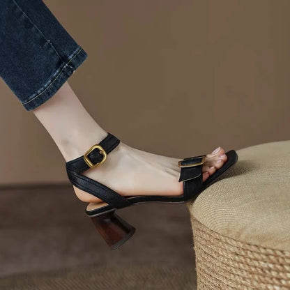 Futurecen  -  Ankle Strap VINTAGE Sandals for Women Open Toe High Heels Sandalias De Mujer Belt Buckle Square Heeled Women Pumps