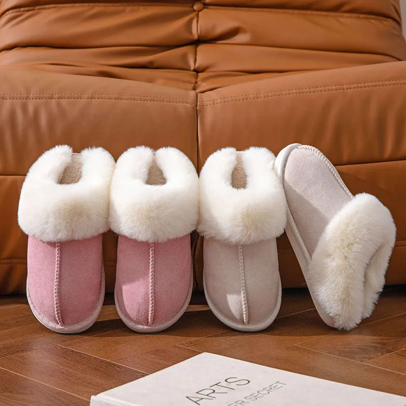 Winter Fur Slippers Women Faux Suede Fluffy Furry Home Slides Woman Comfort Non Slip Indoor Floor Cotton Shoes 45