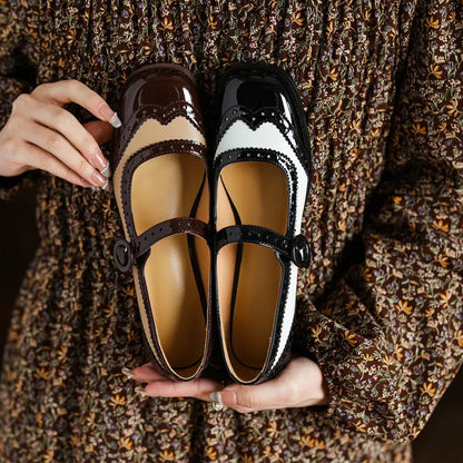 Futurecen NEW Spring/Autumn Shoes Women Square Toe Chunky Heel Mary Janes Mixed Color Women Pumps Patent Leather Shoes Classics High Heels