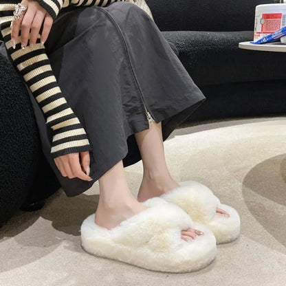 Fashion Women Faux Fur Slides Platform Flat Chunky Heel Fluffy Furry Slippers Winter Footwear Comfortable Ladies Shoes Female