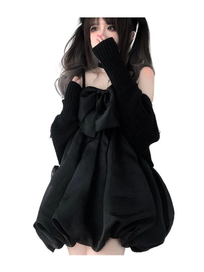 Lolita Style Black Gothic Girl Dark Lolita Suspender Jsk Dress Bow Casual Female Kawaii Sexy Loli Dresses