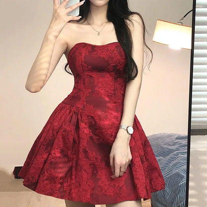 Women Summer Harajuku Strapless Dress Solid Casual A-Line High Waist Loose Printing Mini Slash Neck Short Dresses Female